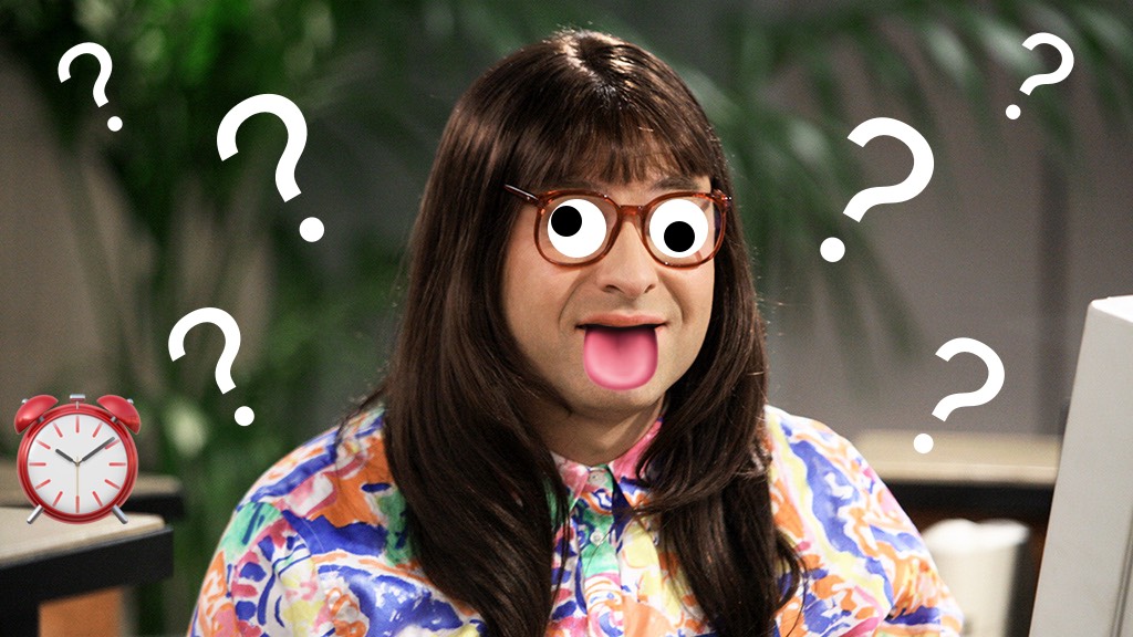 Still from British TV series Little Britain with the “Computer says no!” woman with googly eyes, tongue sticking out, question marks floating around her head and an alarm clock at the side