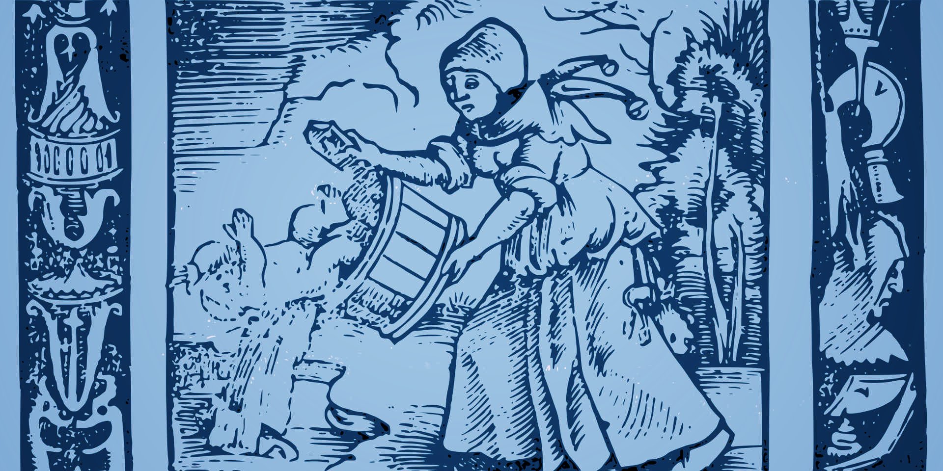A wood carving, colourised with a blue tint, of a woman throwing the baby out with the bathwater