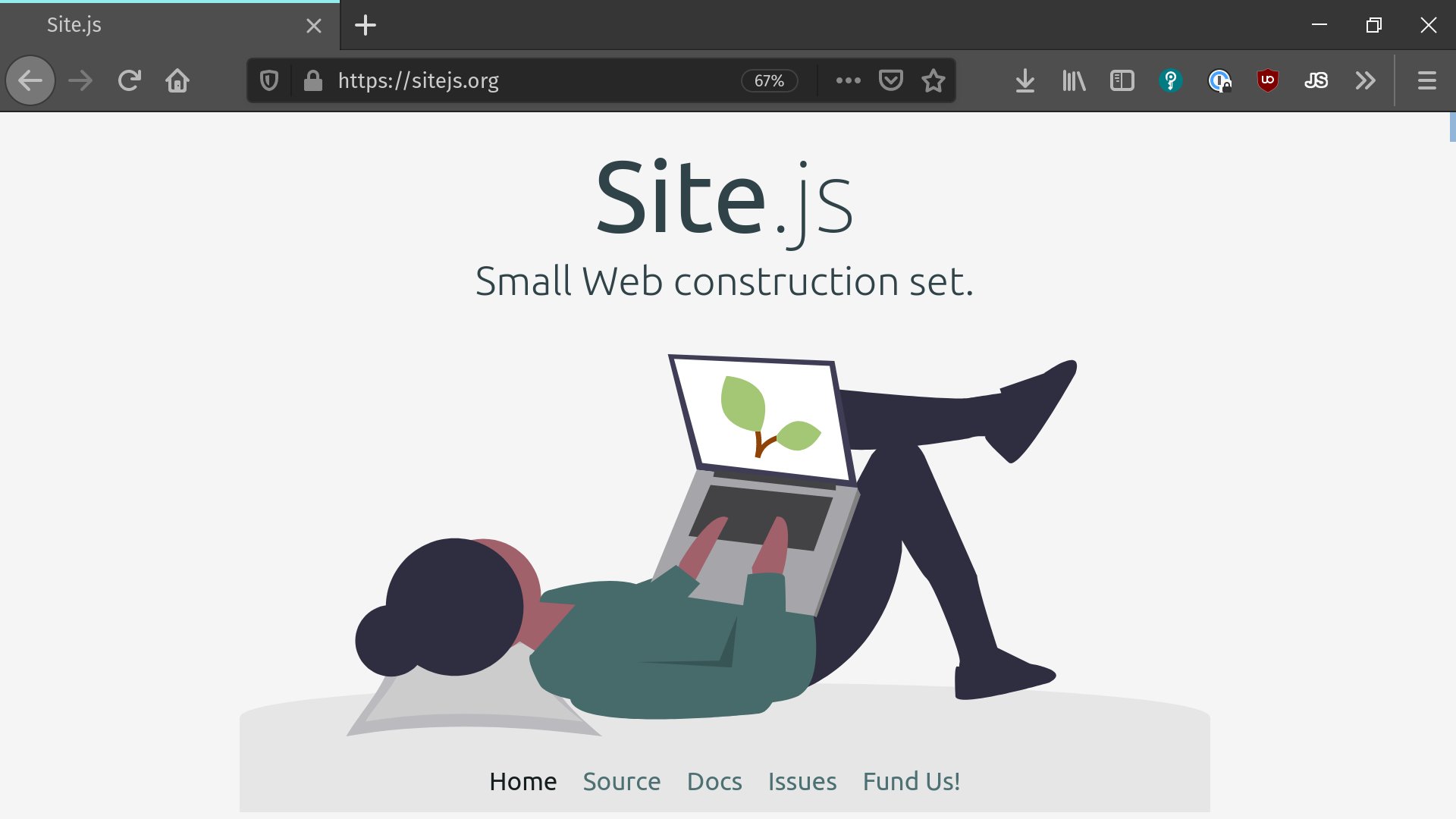 Screenshot of the Site.js web site showing the header graphic (a woman reclining on the floor while typing on a laptop that has the Site.js logo on the Screen. The Site.js logo is a sprout with two green leaves.) Text on the site reads: Site.js: Small Web Construction Set. Underneith is the navigation: Home, Source, Docs, Issues, Fund Us!