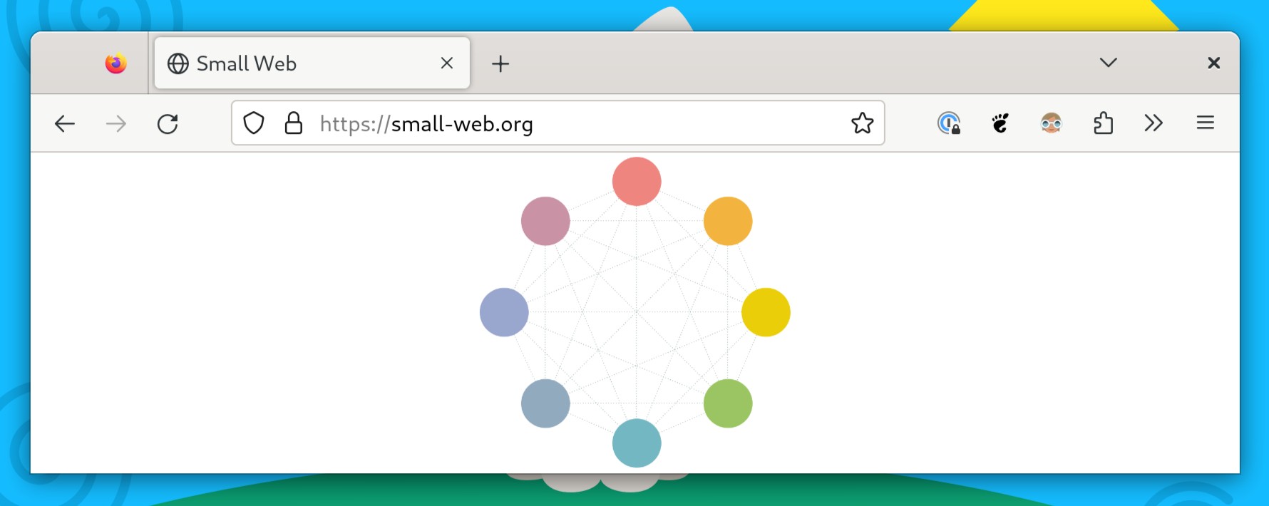 Screenshot of a web browser showing the contents of https://small-web.org, on a white background, an image of eight multicoloured circles form a decentralised web, each one connected to every other via dotted grey lines.