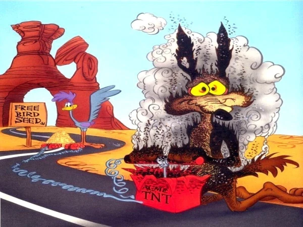 Wile E. Coyote blowing himself up with some TNT as the roadrunner watches from afar.