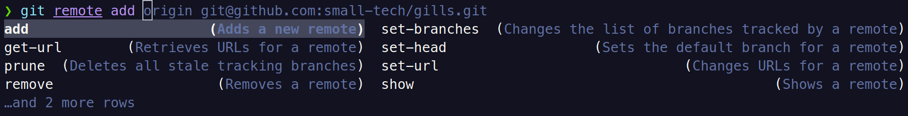 Screenshot of auto-suggest for 'git remote' + tab, with the add subcommand suggestion selected. From the history, the prompt is suggesting completion to 'origin git@github.com:small-tech/gills.git' and, underneath, it shows a list of other subcommand suggestions along with their descriptions: add (Adds a new remote), set-branches (Changes the list of branches tracked by a remote), get-url (Retrieves URLs for a remote), set-head (Sets the default branch for a remote), prune (Deletes all stale tracking branches), set-url (Changes URLs for a remote), remove (Removes a remote), show (Shows a remote) …and 2 more rows