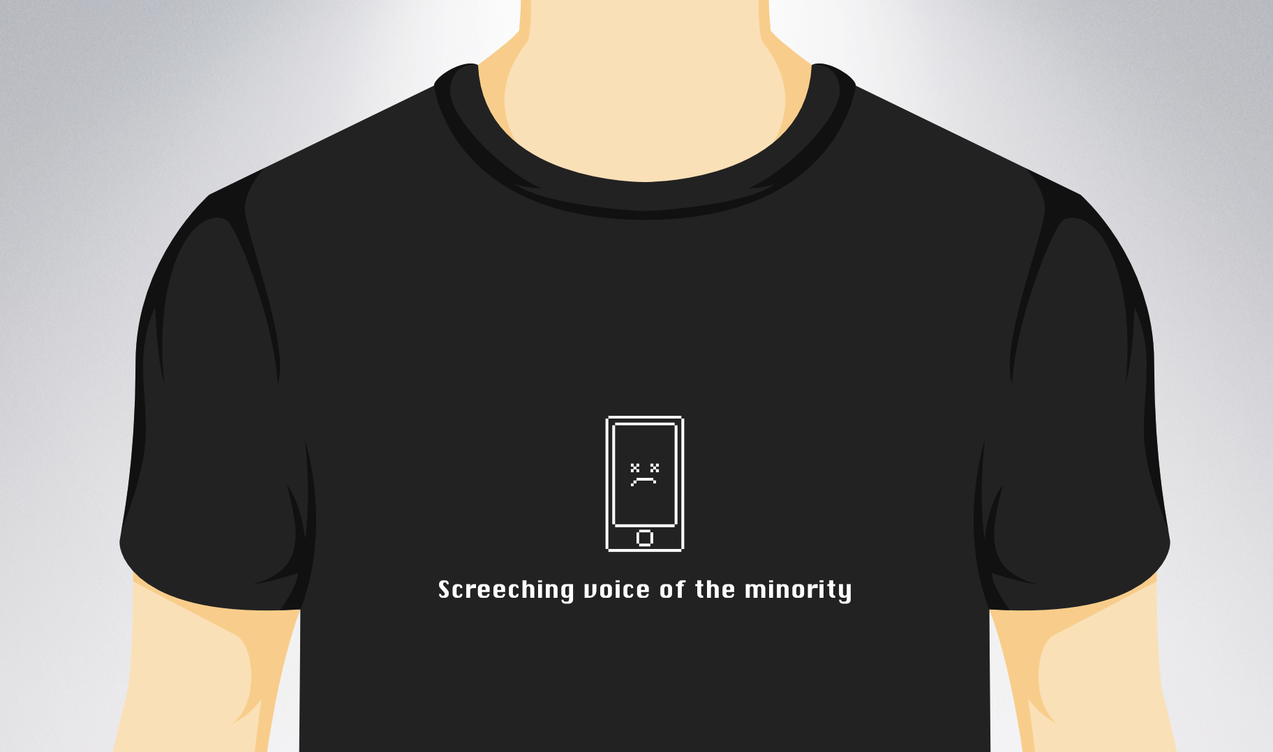 Illustration of white man wearing black t-shirt that has a frowning face iPhone and the words “the screeching voice of the minority.”