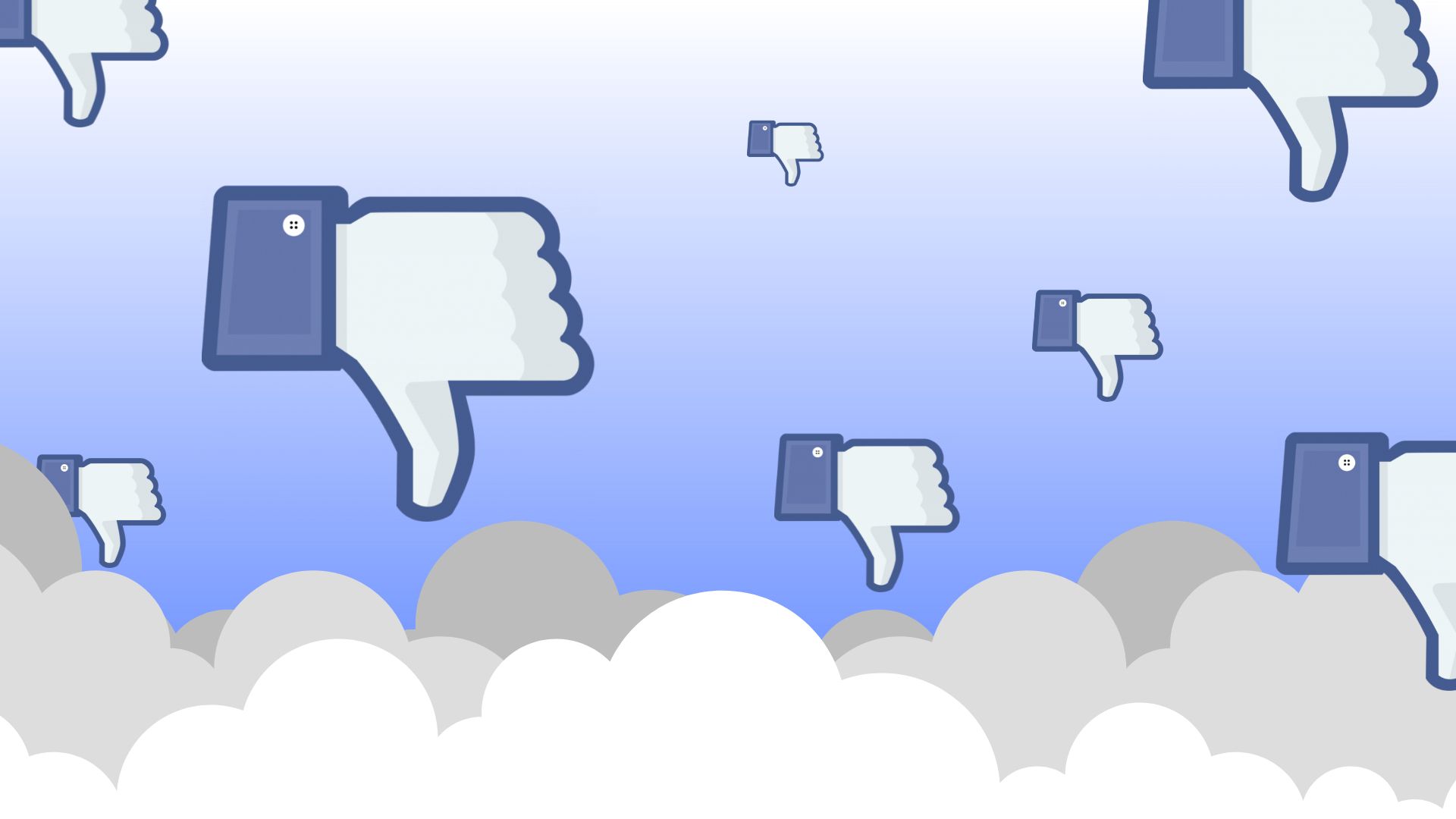 Minimalistic vector illustration: a flock of Facebook thumbs-down dislike icons flies across a blue sky with fluffy clouds in the foreground.