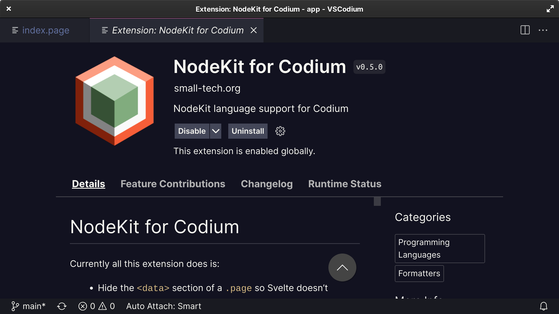 Screenshot of the NodeKit for Codium extension’s settings page in VSCodium.