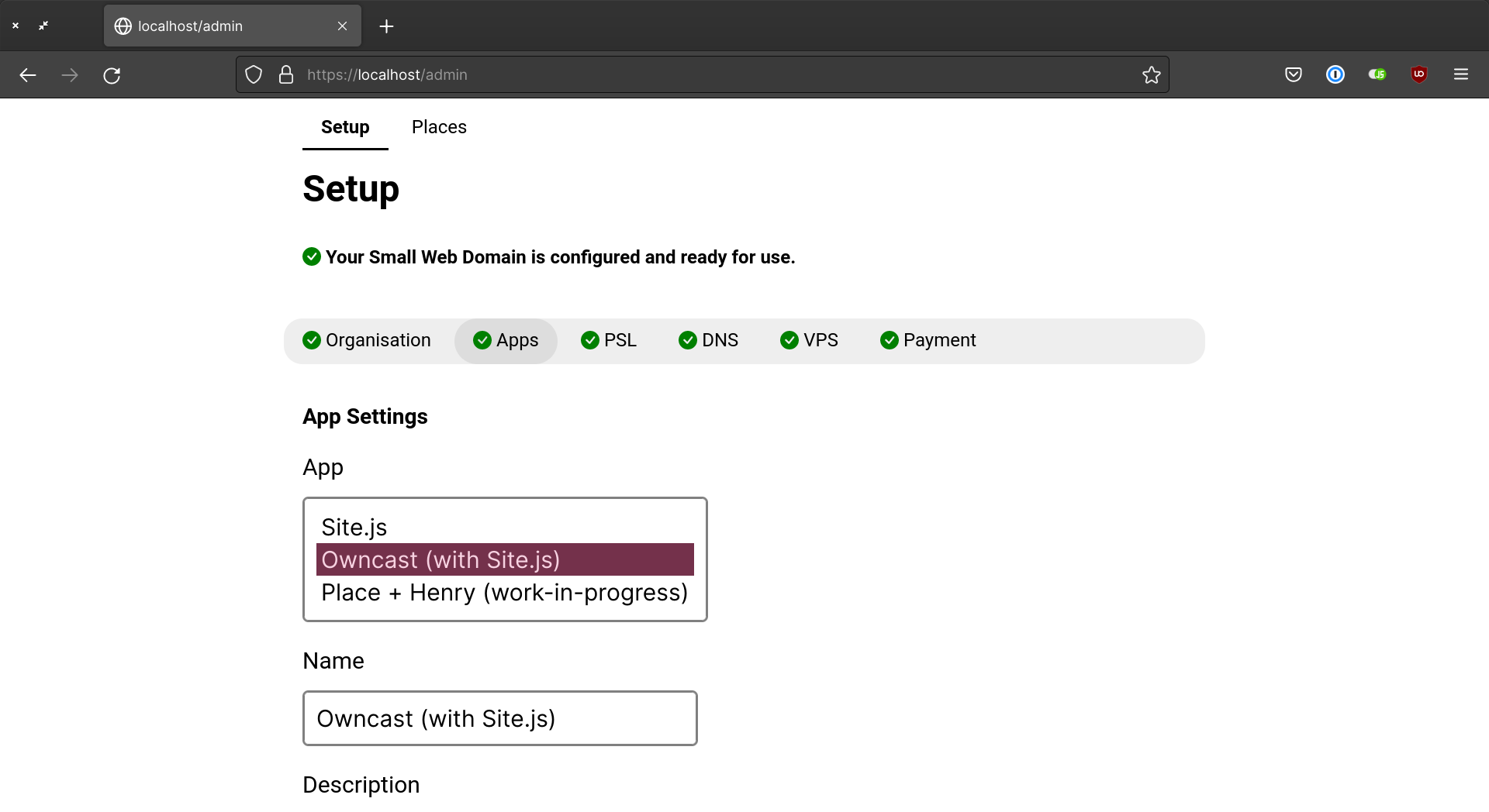 Screenshot of Domain administration panel showing the App Settings screen. Available choices are “Site.js”, “Owncast”… Owncast is selected.