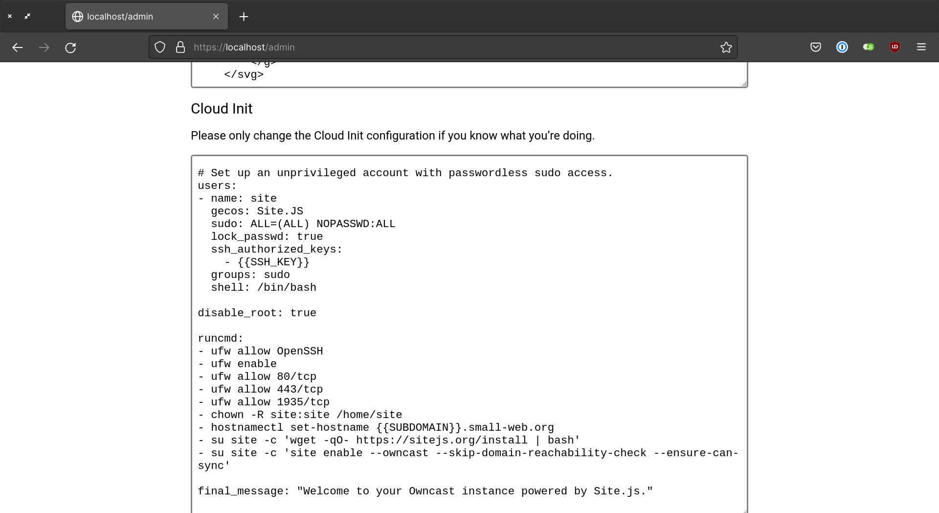 Screenshot of Domain administration panel showing lower part of App Settings screen with the Owncast cloud-init configuration