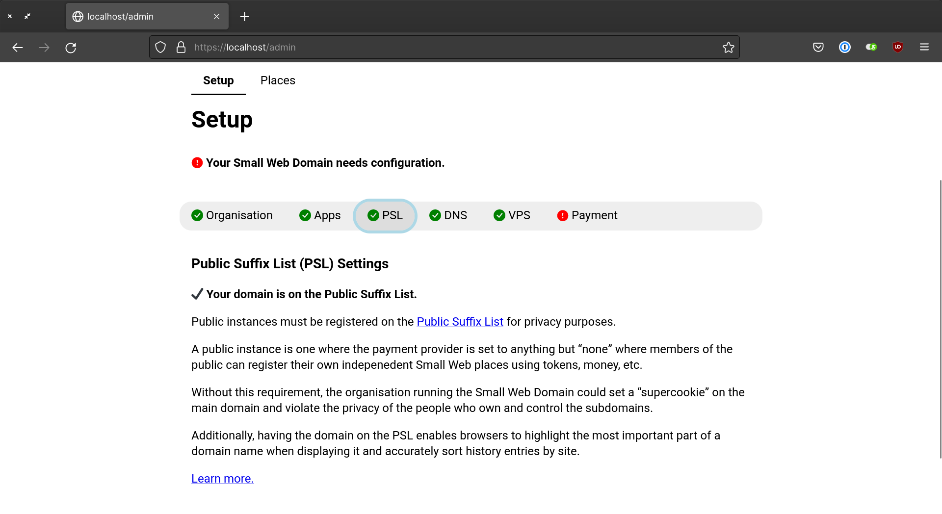 Screenshot of the Domain administration panel showing the Public Suffix List (PSL) tab active. The domain small-web.org is on the PSL.