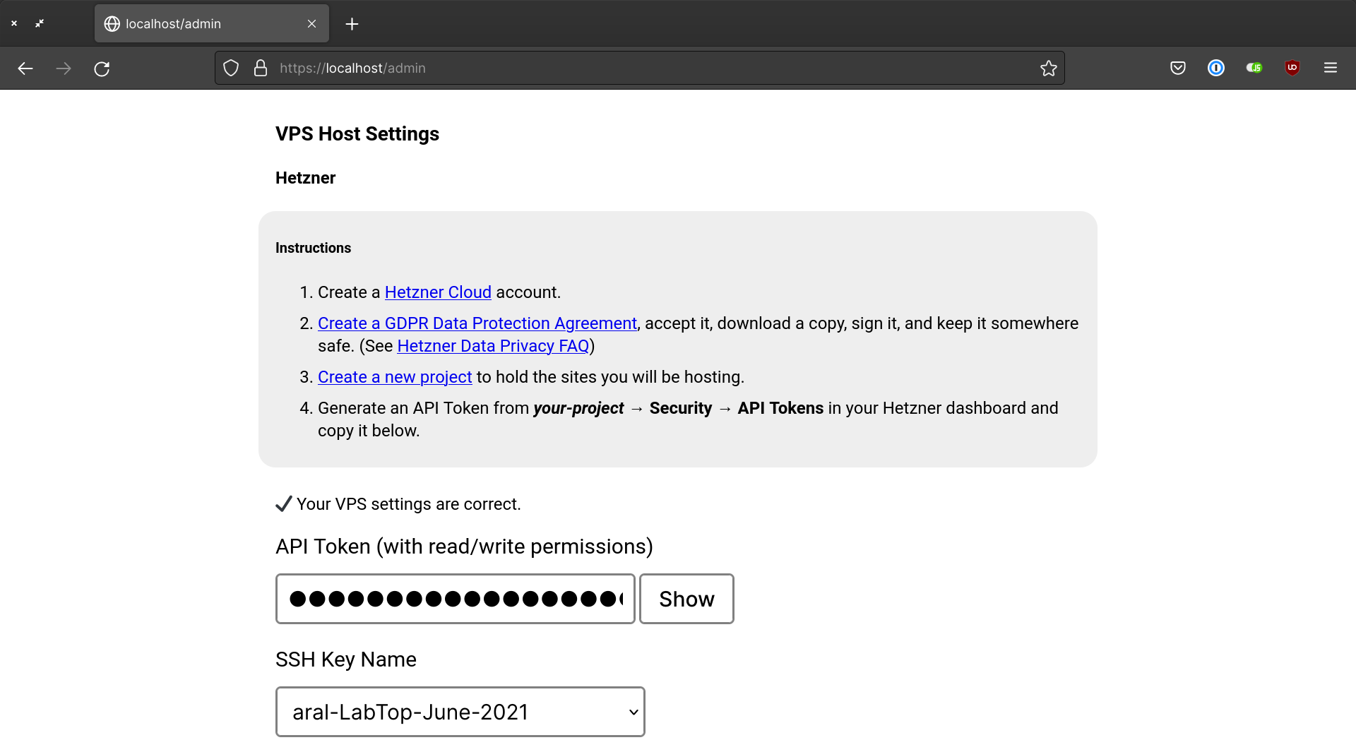 Screenshot of the Domain administration panel showing the VPS Host Settings screen with API Token and SSH Key Name input boxes.
