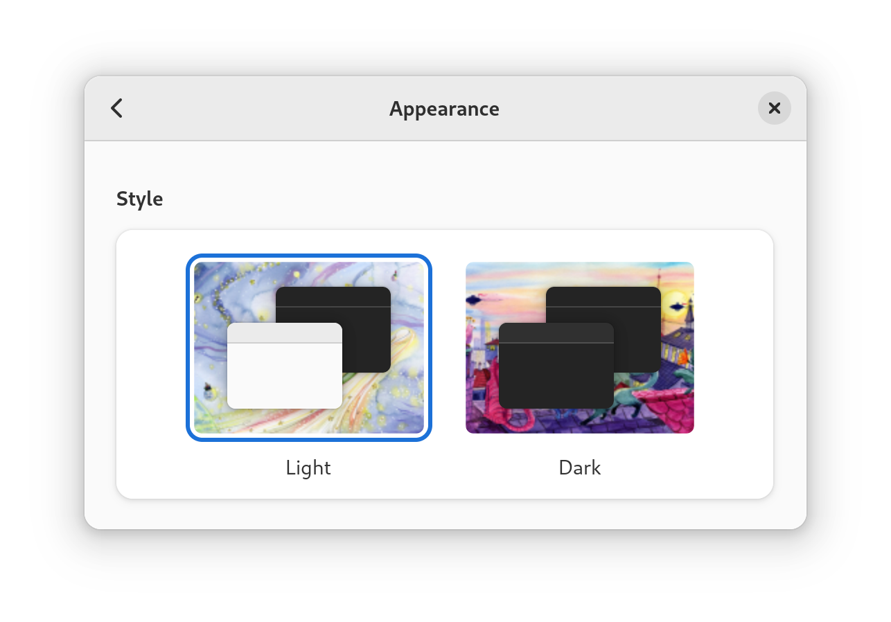 Screenshot of GNOME’s appearance settings showing light and dark style thumbnails with the currently-selected wallpapers for each