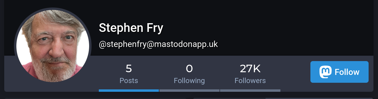 Screenshot of Stephen Fry’s Mastodon account banner on mastodonapp.uk