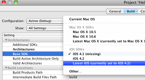 Changing the Base SDK to the Latest iOS SDK in Project Settings.