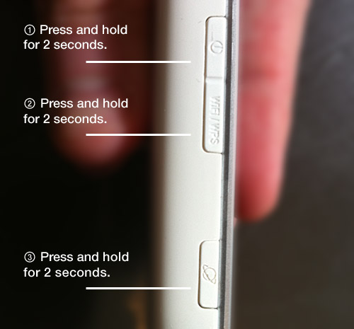 The three buttons you have to press to turn the MiFi on.