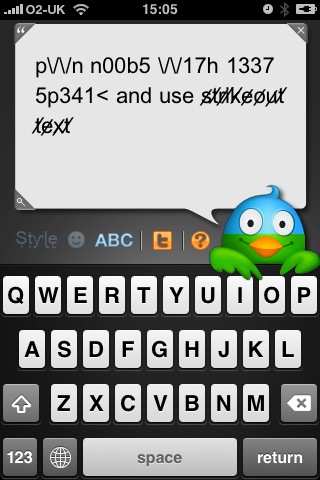 Feathers iPhone app with a tweet showing the two new text styles: leet and strikeout