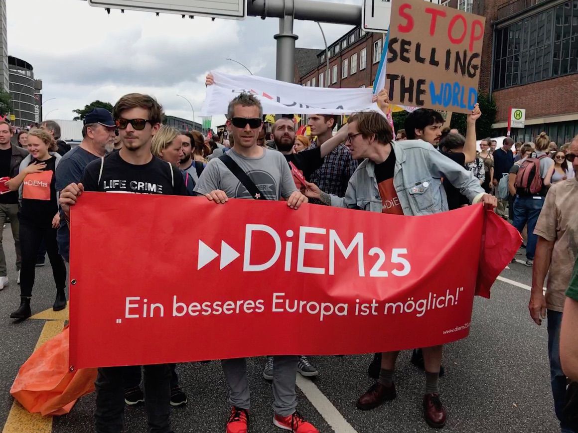 DiEM25 protest march in Hamburg during the G20 in 2017.