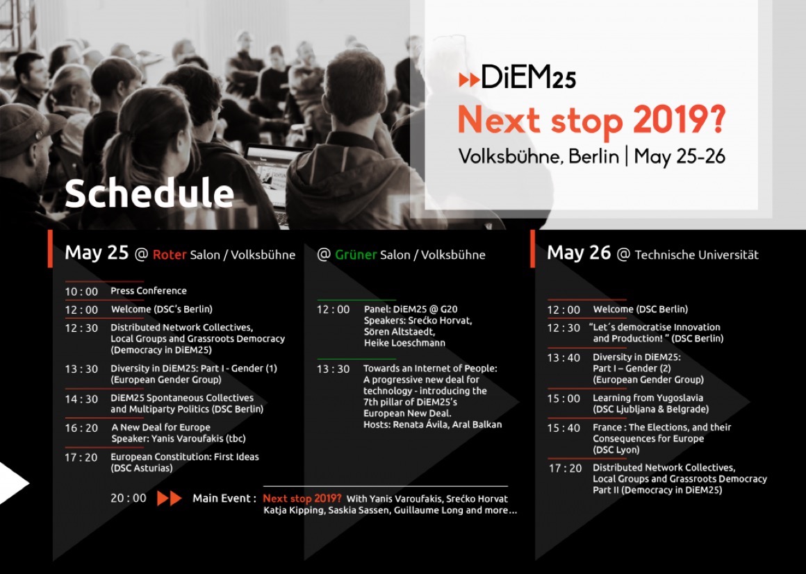 The schedule for DiEM25’s even on May 25-26 in Berlin.